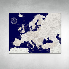 Europe Push Pin Map - Navy blue - WITH 1,000 PINS!