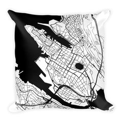 Bergen black and white throw pillow with city map print 18x18