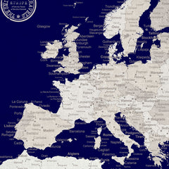 Europe Push Pin Map - Navy blue - WITH 1,000 PINS!