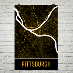 Pittsburgh PA Street Map Poster Black With Yellow Roads