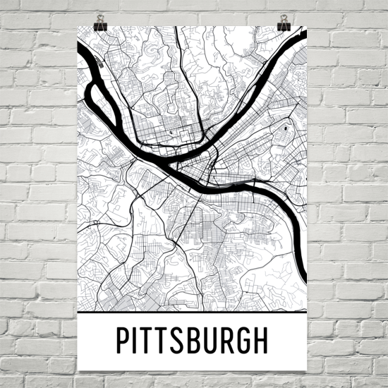 Pittsburgh PA Street Map Poster White With Black Roads