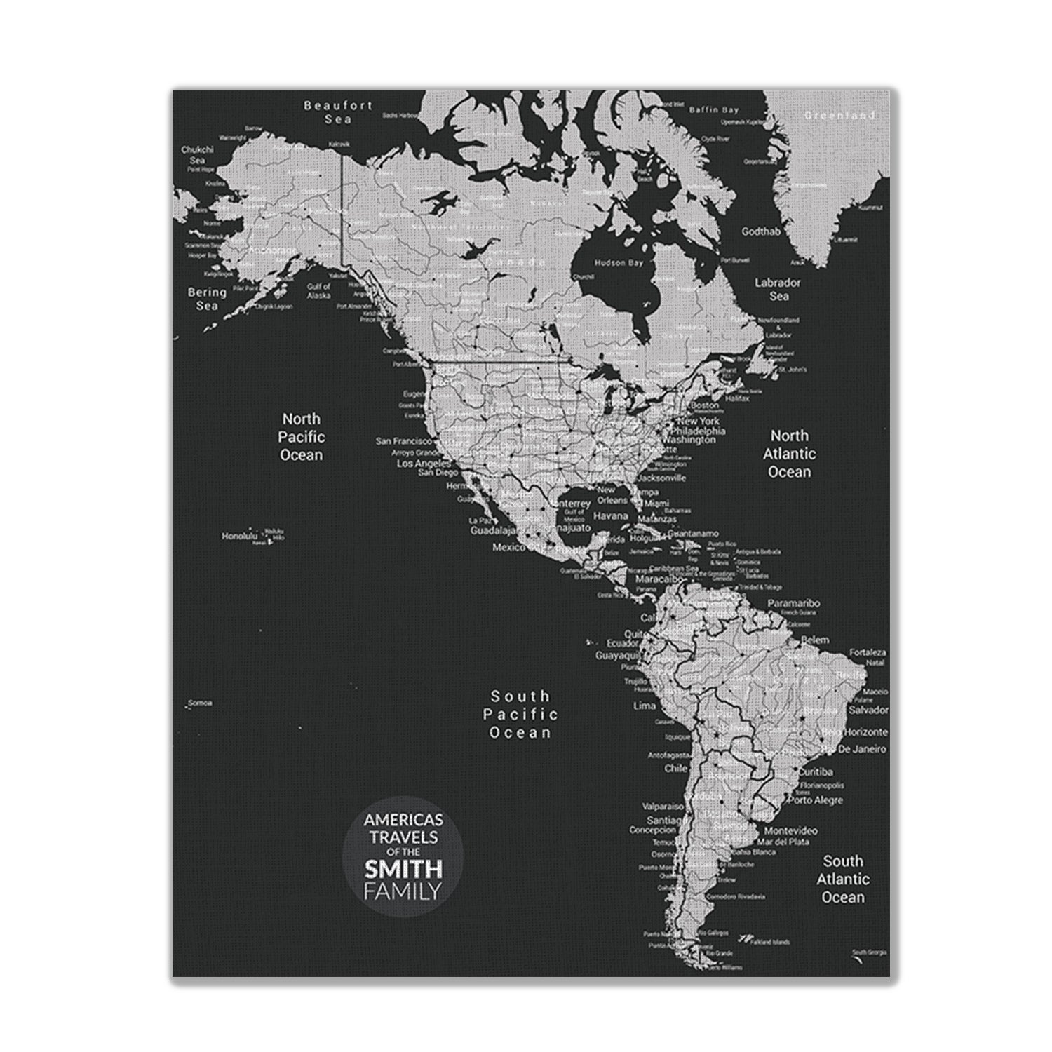 Americas Push Pin Map - Black and Grey - With 1,000 Pins!