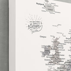 Europe Push Pin Map - Grey - WITH 1,000 PINS!