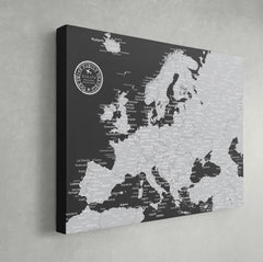 Europe Push Pin Map - Black and Grey - WITH 1,000 PINS!