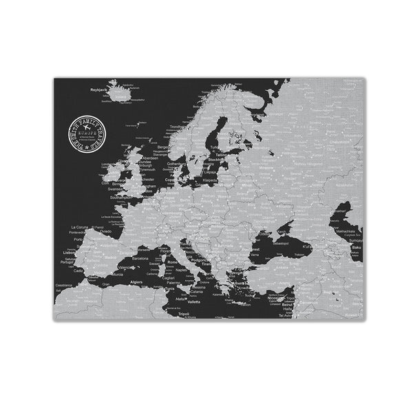 Europe Push Pin Map - Black and Grey - WITH 1,000 PINS!