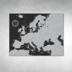 Europe Push Pin Map - Black and Grey - WITH 1,000 PINS!