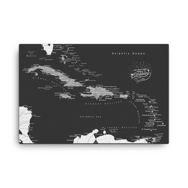 Caribbean Push Pin Map - Black and Grey - With 1,000 Pins!
