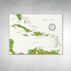 Caribbean Push Pin Map - Topographic - With 1,000 Pins!