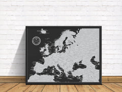 Europe Push Pin Map - Black and Grey - WITH 1,000 PINS!