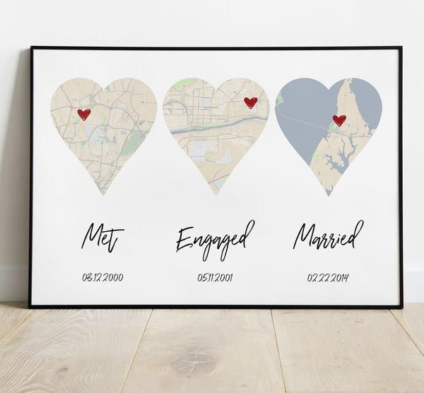 Met, Engaged, Married Heart Print