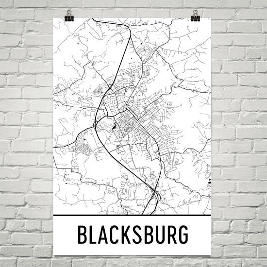 Blacksburg VA Street Map Poster Black