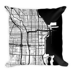 Chicago black and white throw pillow with city map print 18x18