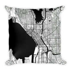 Seattle black and white throw pillow with city map print 18x18