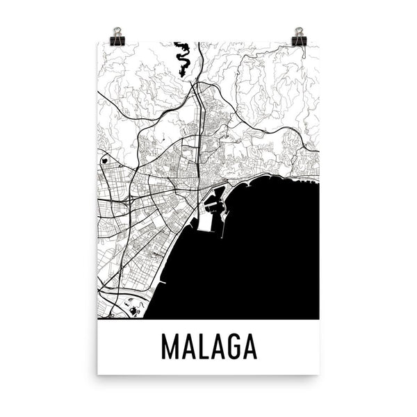 Malaga Spain Street Map Poster White