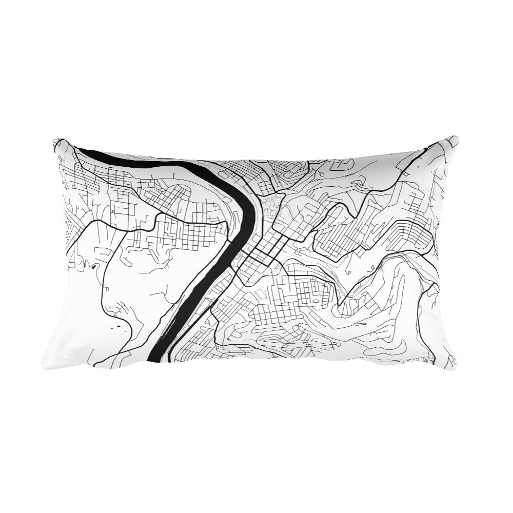 Morgantown black and white throw pillow with city map print 12x20