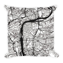 Prague black and white throw pillow with city map print 18x18