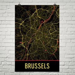 Brussels Belgium Street Map Poster Black