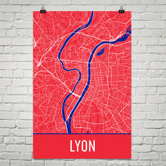 Lyon France Map Street Map Poster Red