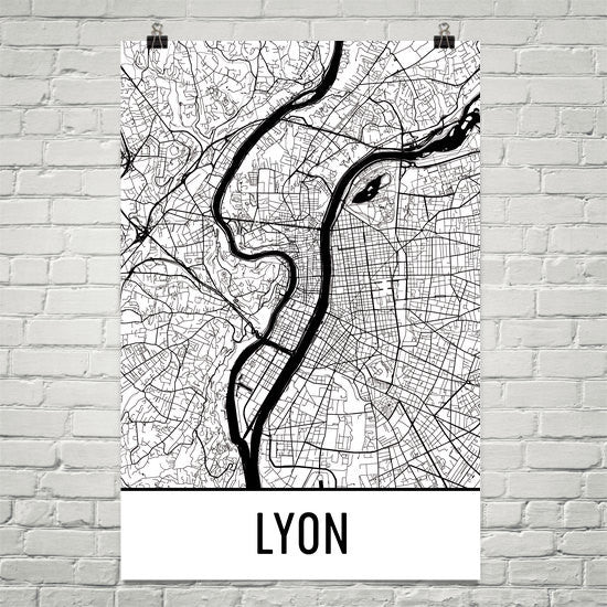 Lyon France Map Street Map Poster White