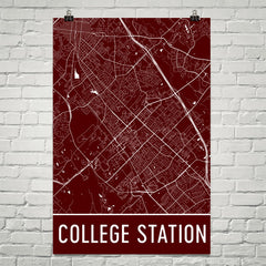 College Station TX Street Map Poster Red