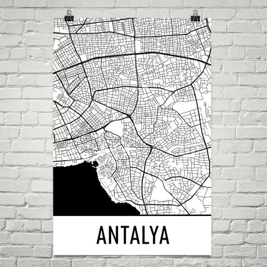 Antalya Turkey Street Map Poster White