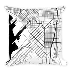 Bellingham black and white throw pillow with city map print 18x18