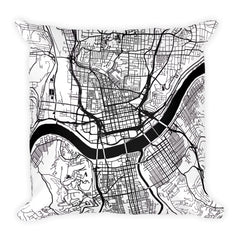 Cincinnati black and white throw pillow with city map print 18x18