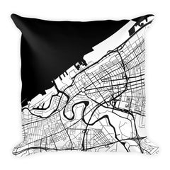 Cleveland black and white throw pillow with city map print 18x18