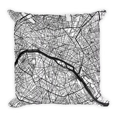 Paris France black and white throw pillow with city map print 18x18