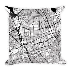 Queens black and white throw pillow with city map print 18x18