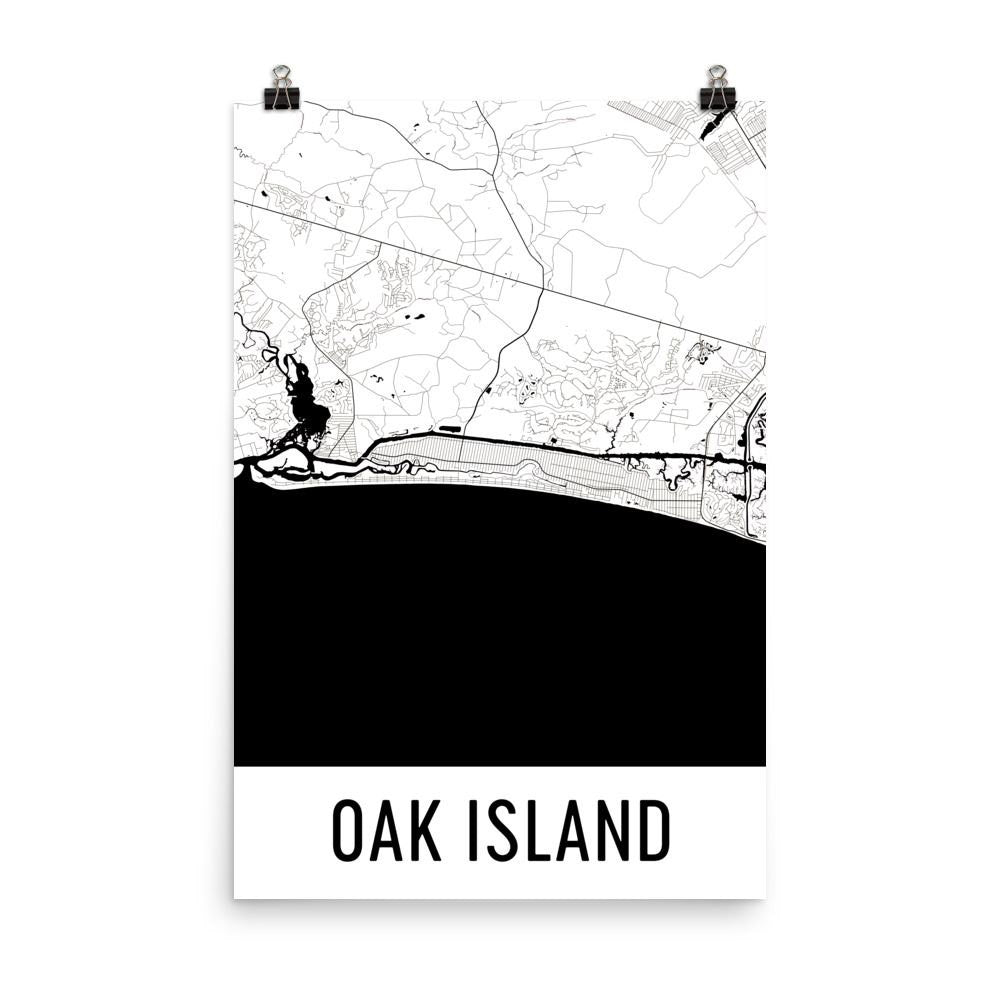 Oak Island NC Street Map Poster White