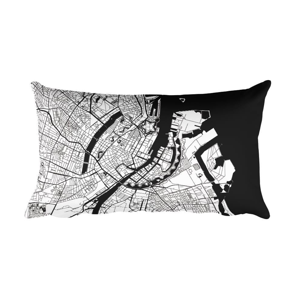 Copenhagen black and white throw pillow with city map print 12x20