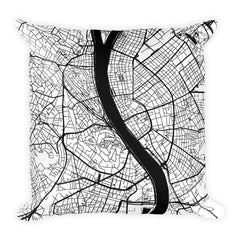 Budapest black and white throw pillow with city map print 18x18