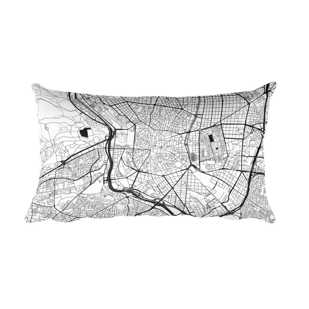 Madrid black and white throw pillow with city map print 12x20